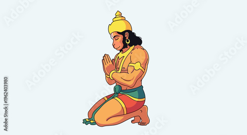 Hindu god kneels in prayer with hands together in ancient temple