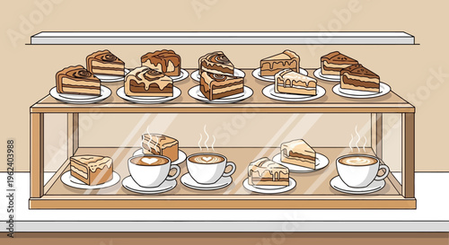 A display case shows various cakes and pastries with cups of coffee inside a cafe.