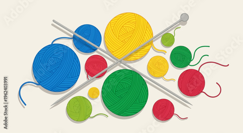 Colorful yarn balls and knitting needles on a table indoors hobby craft