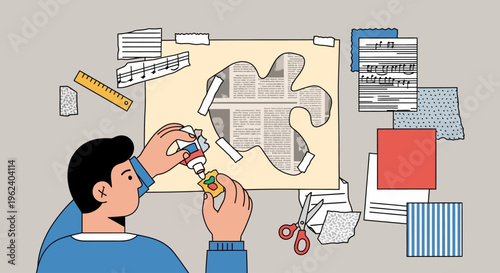 Man creates collage artwork on table with scissors and colorful paper