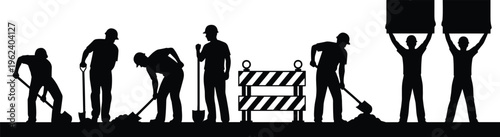 Collection of construction worker silhouettes wearing hard hats and using shovels and lifting heavy boxes isolated on white background for industrial building and labor concept.
