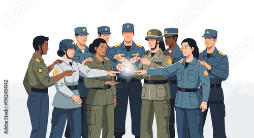 Soldiers from diverse backgrounds stand united in a gesture of solidarity outdoors.
