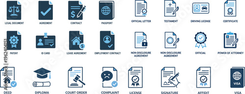 Legal Documents and Contracts Flat Icon Set Blue Vector Collection