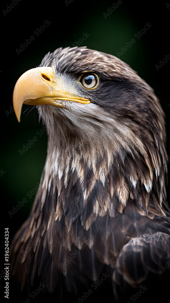 Obraz premium Close-up portrait of a majestic eagle with a powerful yellow beak and intense gaze, showcasing intricate feather details against a dark background for nature and wildlife photography.