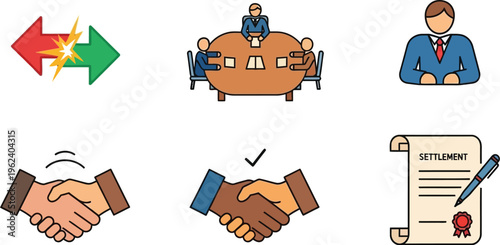 A collage of business icons depicts conflict, a boardroom meeting, a businessman, shaking hands, a successful agreement, and a signed settlement document, illustrating the entire negotiation.