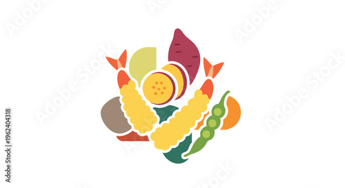 Colorful, stylized illustration of various Japanese food items, including fried shrimp, root vegetables, and green beans