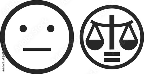 A neutral facial expression icon is paired with a stylized symbol of scales of justice, suggesting emotional detachment or impartiality in legal and ethical matters.