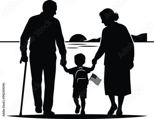 American independence day  Silhouette of elderly couple walking with young child holding american flag