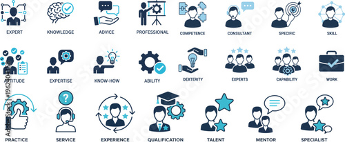 Professional Skills and Expertise Vector Icons Flat Blue Set