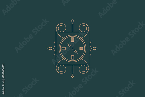 Symmetrical ornamental clock face design in gold vector style