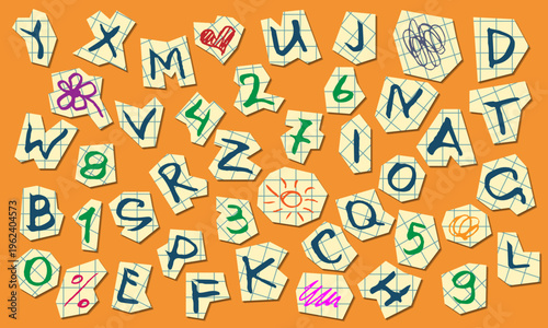 Handwritten letters, numbers, and other symbols on roughly cut pieces of squared paper. Vector set