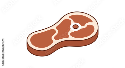 A cartoon depiction of a cooked steak. It has layers of color that mimic meat. The cut has marbled sections and a white center
