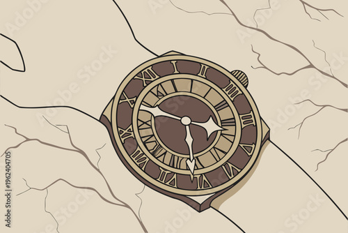 Vintage wrist watch illustration with roman numerals on a cracked background