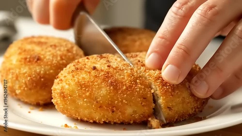 Cutting a croquette with knife.