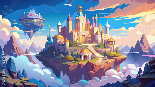 Fantasy castle, magical kingdom, floating island, cartoon landscape, dreamy scenery