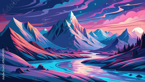 Vibrant mountain landscape, colorful river scenery, neon nature, purple pink blue hues
