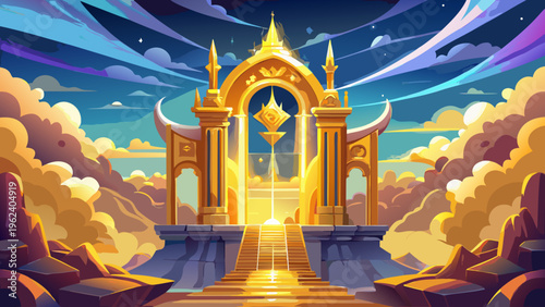Golden fantasy temple, ancient architecture, mystical landscape, cartoon illustration