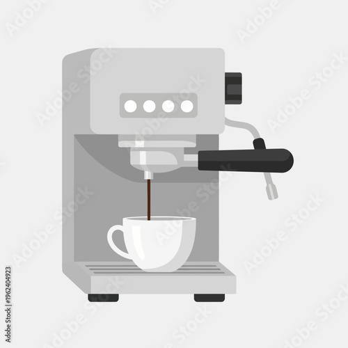 Espresso machine brewing coffee into a white cup, modern kitchen appliance, close-up