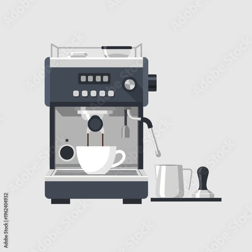 Modern Espresso Machine Making Coffee with Milk Jug and Tamper