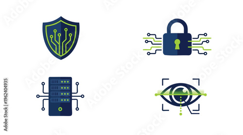 A Comprehensive Set of Cybersecurity Icons Representing Digital Protection, Data Privacy, and Secure Network Infrastructures