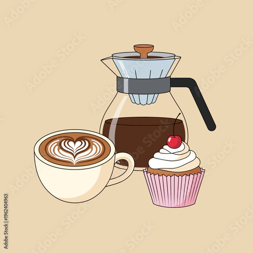Coffee break with latte art, cupcake, and pour-over coffee maker