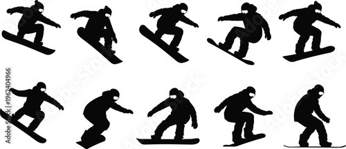Set of ten snowboarder silhouettes performing various jumps and tricks in mid-air isolated on white background for winter sports promotion and extreme adventure design.