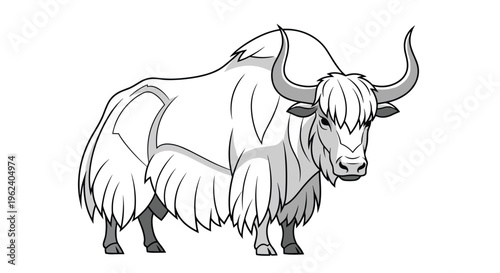 Robust yak outline, standing prominently with its long shaggy hair and impressive horns, depicted in a monochrome style.