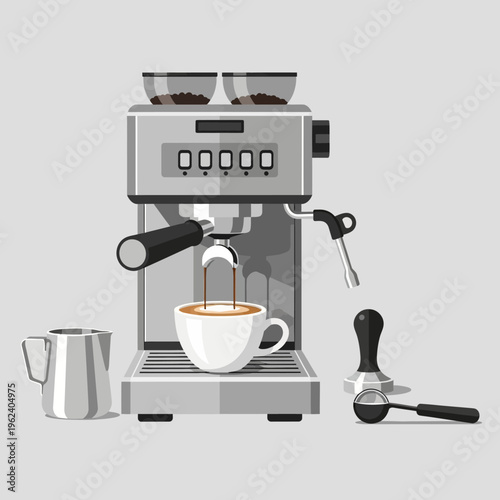 Espresso Machine Brewing Coffee into Cup, Professional Barista Equipment