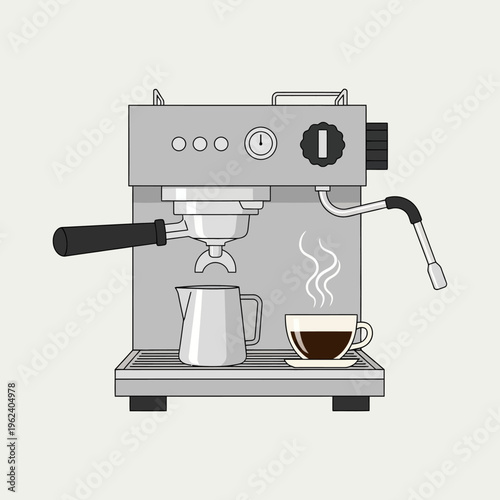 Espresso machine brewing coffee, with milk jug and cup of hot beverage