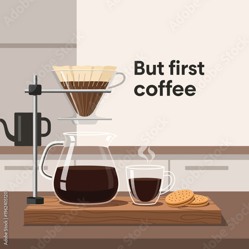 Pour over coffee brewing process with steaming cup and cookies, kitchen counter background