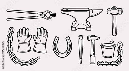 Blacksmith tools composition with anvil, hammer, tongs and horseshoe, hand drawn heavy-duty metalwork vector illustration