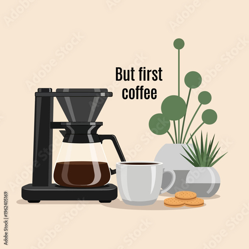 Morning Coffee Ritual: Pour Over Coffee Maker, Mug, Cookies, and Plants