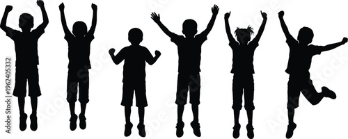 Silhouette of happy diverse children jumping and cheering in excitement against a white background representing joy, freedom, childhood energy, success,