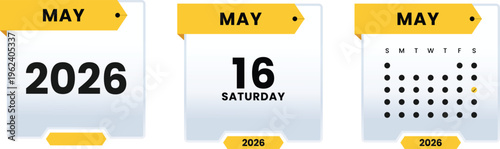 May 16 2026 Saturday Calendar Icon Set Highlighting Specific Weekday Date with Monthly Grid View and Yearly Planner Graphic Elements for Digital Scheduling and Events