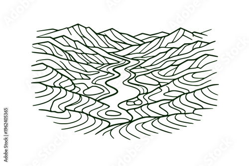Top‑Down Line Art Mountain Valley