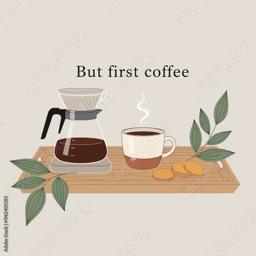 Morning coffee ritual: Pour over coffee maker, steaming mug, cookies on wooden tray with leaves.
