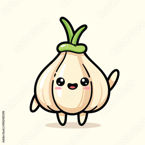 A cute, cartoon-style illustration of a garlic bulb with a friendly face, green sprouts, small arms, and tiny feet. It is standing