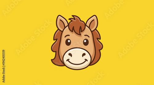 Cute cartoon horse head smiling on a yellow background.