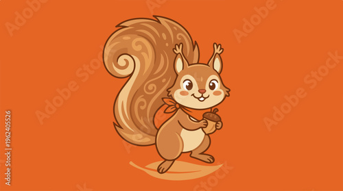 Cute cartoon squirrel holding a nut on an orange background.