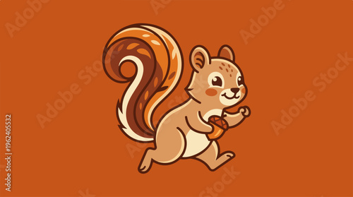 Cute cartoon squirrel running with a nut on orange background.