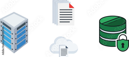 Icons represent various data management and security elements including servers, documents, cloud storage, and a locked database.