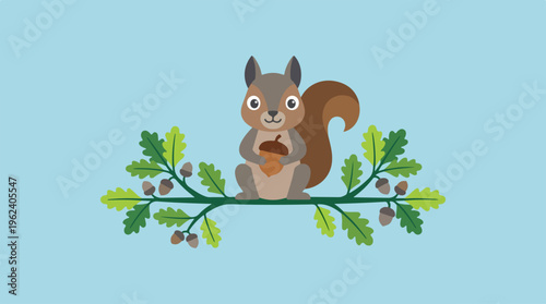 Cute squirrel holding acorn sitting on a branch with leaves.