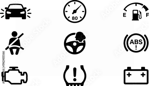 Dashboard warning lights and car symbols for vehicle safety and maintenance.