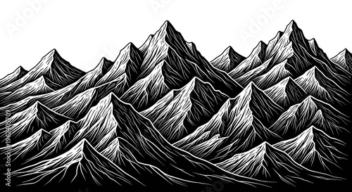 Monochrome ink painting depicting a dramatic mountain range with sharp peaks and intricate details, creating a bold and striking landscape composition, mountains