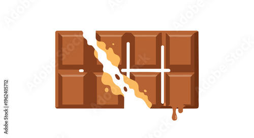 A broken bar of chocolate with a creamy filling flowing out. The dark brown bar is partially broken with a white background