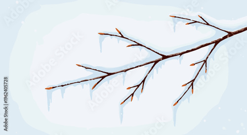 Delicately frozen branch adorned with snow and icicles against a soft blue winter background, capturing a serene and tranquil winter scene