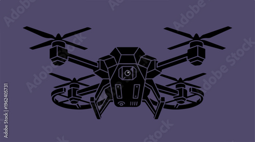 Detailed illustration of a modern drone with multiple propellers in flight.