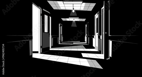 Dramatic black and white illustration of a hospital hallway with stark lighting and deep shadows, evoking a sense of mystery and intrigue