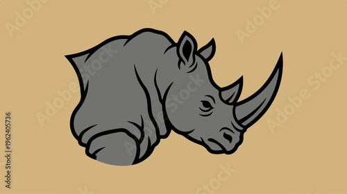 Detailed illustration of a rhinoceros head with a large horn, gray color.