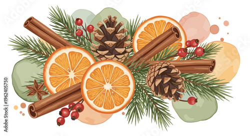 Rustic Christmas decor illustration featuring pine cones, cinnamon sticks, and dried orange slices with festive greenery and red berries on a watercolor background